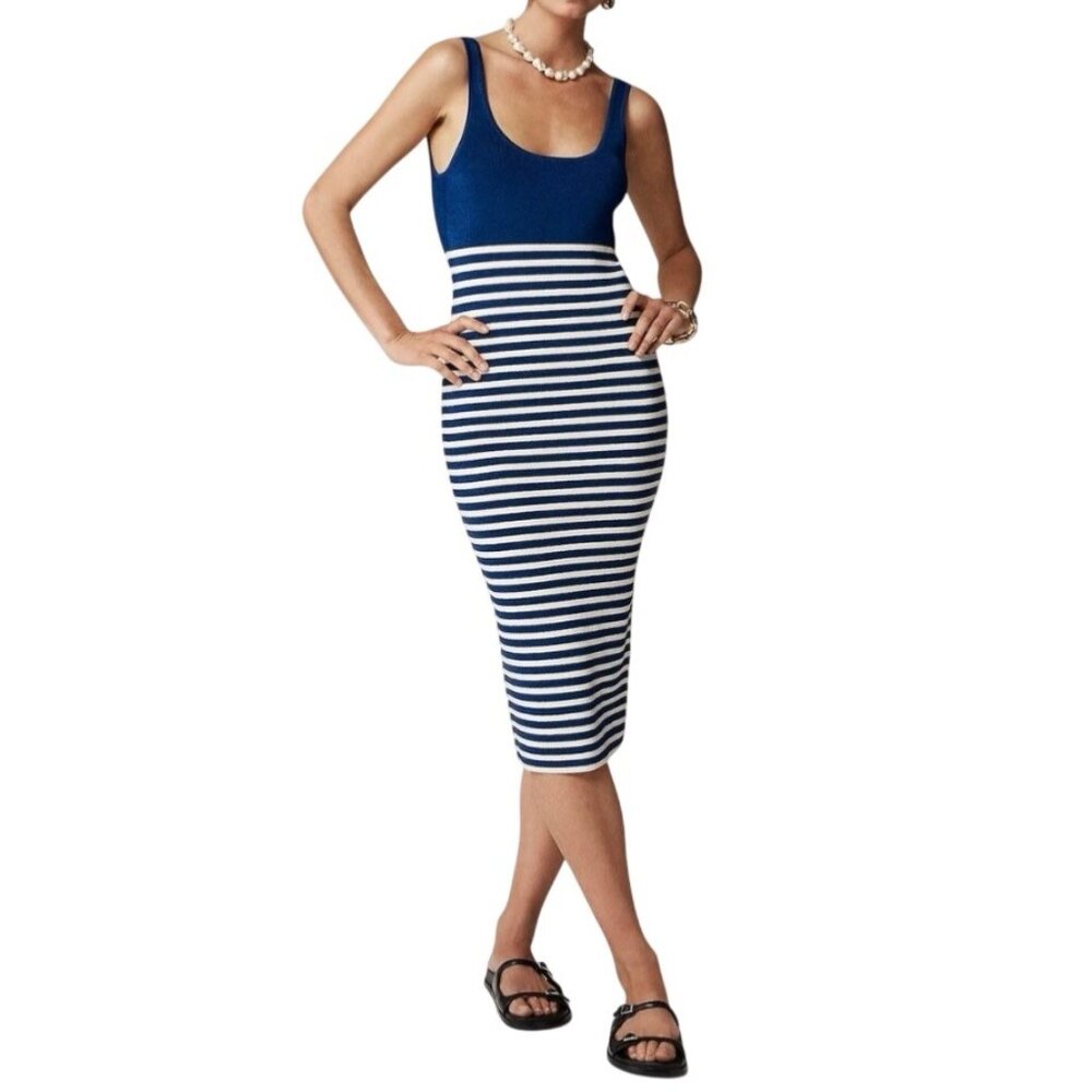 J.Crew Striped Sweater Midi Dress Size XS Blue & Cream Stretchy Knit Style